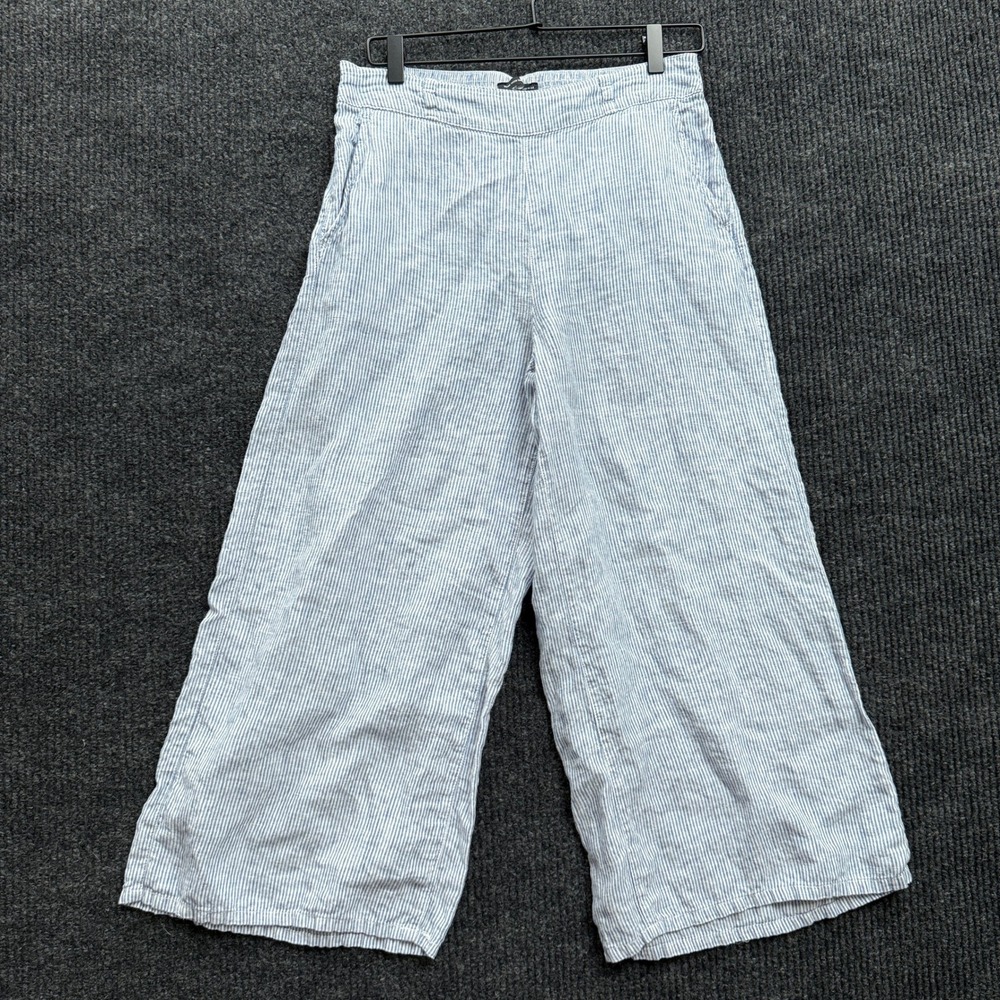 Tahari Linen Pants Womens M Medium Blue White Stripe Wide Leg Pull On